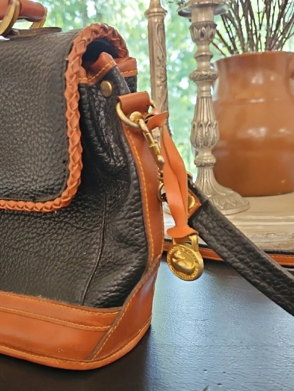 Dooney & Bourke Leather Satchel. All Weather Black with Tan Trim Satchel